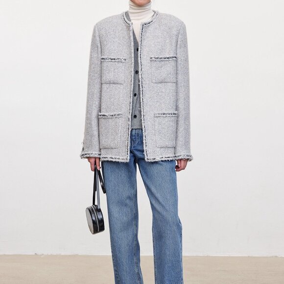 CHICJOC Handwoven Tweed Coat – Moonlight Grey with Night-Sky Sequin Fringe, Size - Picture 9 of 16